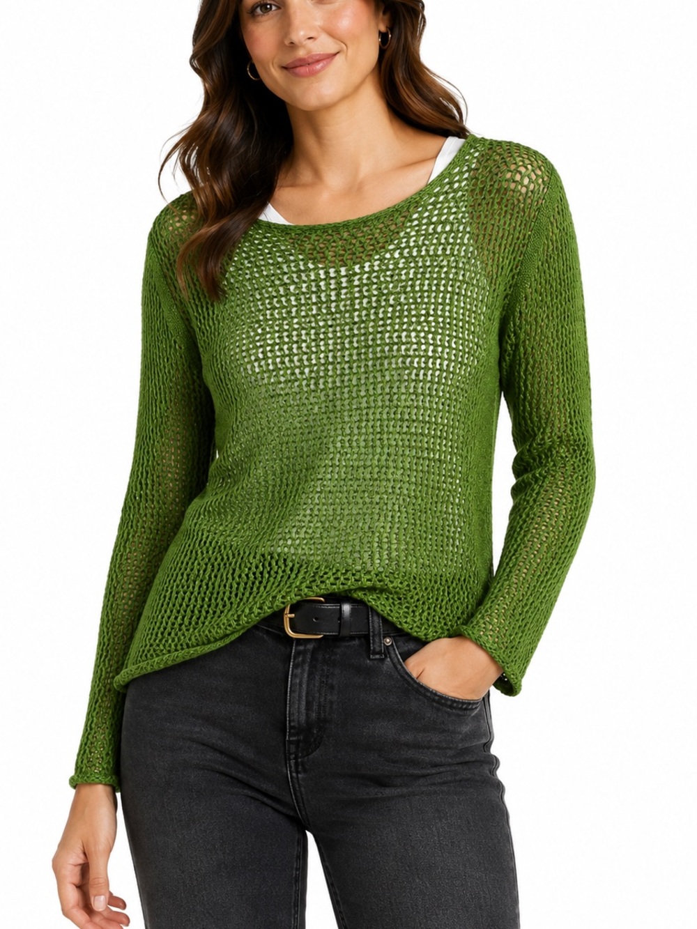 Jones New York Signature Green Open Knit Sweater Size Medium Lightweight Top